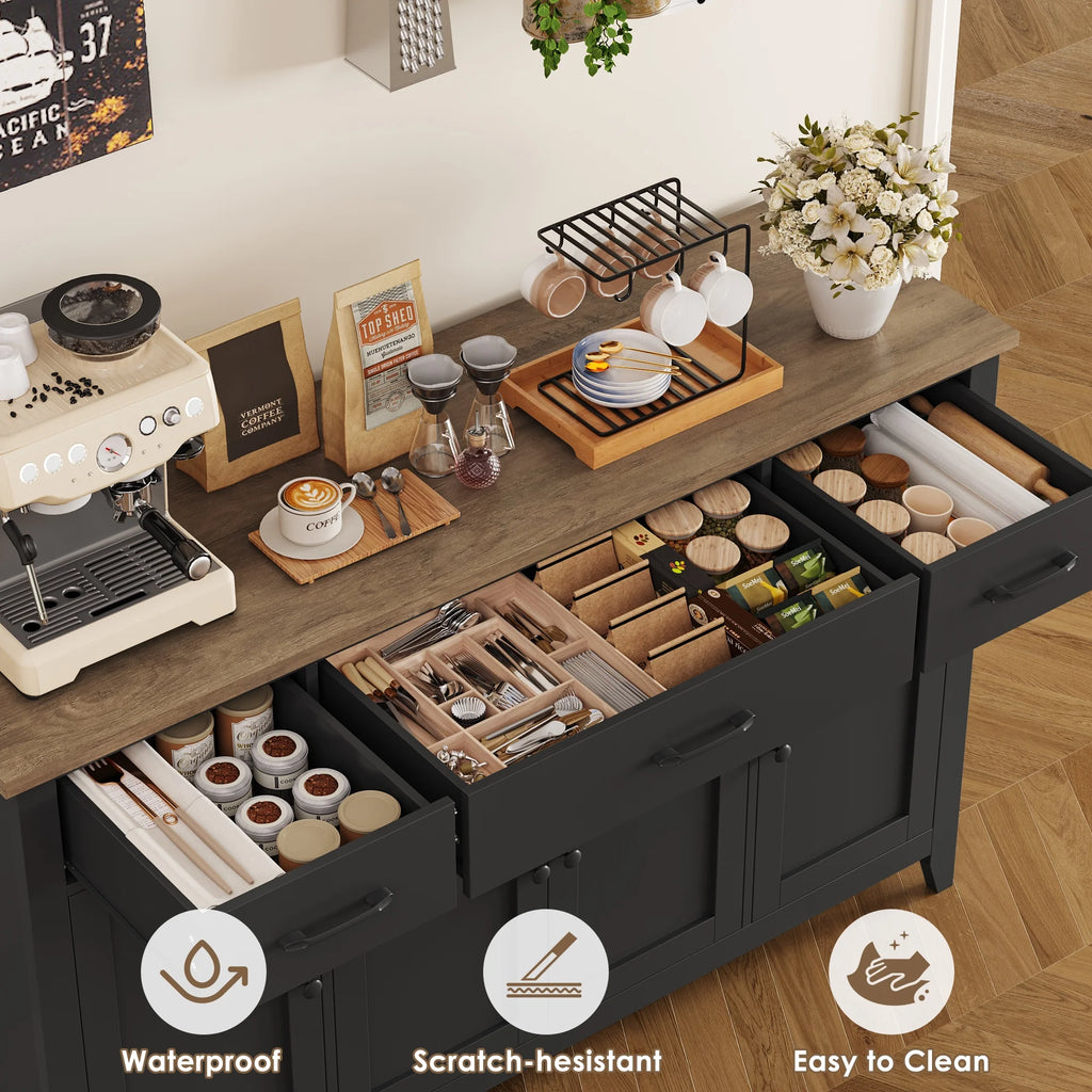 Hiphuta 55"Wide Buffet Cabinet with 2 Adjustable Shelves, Modern Farmhouse Coffee Bar with 3 Drawers and Sturdy Base for Living Room, White