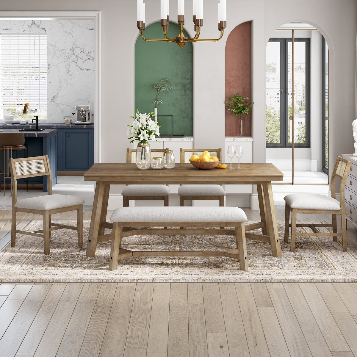 Prehome 6-piece Retro Farmhouse Dining Set, Wood Rectangular Table and 4 Upholstered Rattan Chairs, Bench, Dining Table Set for 5-7, Dining Table Set for Kitchen Dining Room Dorm Apartment, Wood Wash