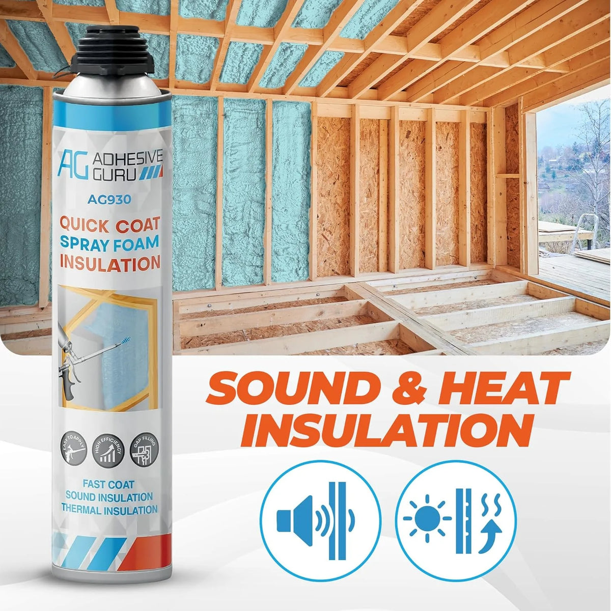 Adhesive Guru Spray Foam Insulation Kit (18 x 32.80 oz/930 gr - 360 Board feet), Self-Expanding Adhesive Foam, Closed Cell Heat Insulation & Acustic Spray with Cleaner and Dispensing Gun- 18 Pack