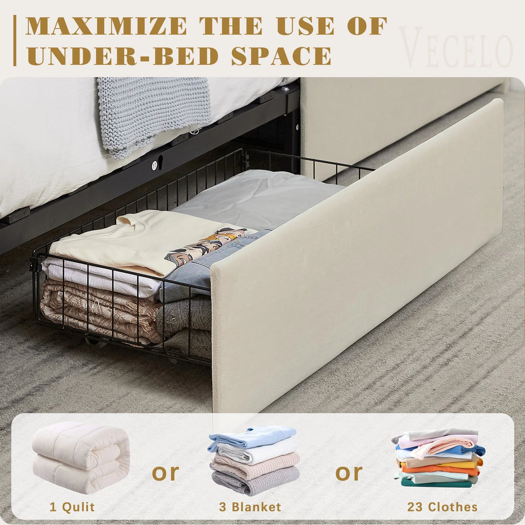 VECELO Full Bed Frame with 4 Storage Drawers (Wheeled) and Tufted Upholstered Adjustable Headboard Platform Bed, Beige