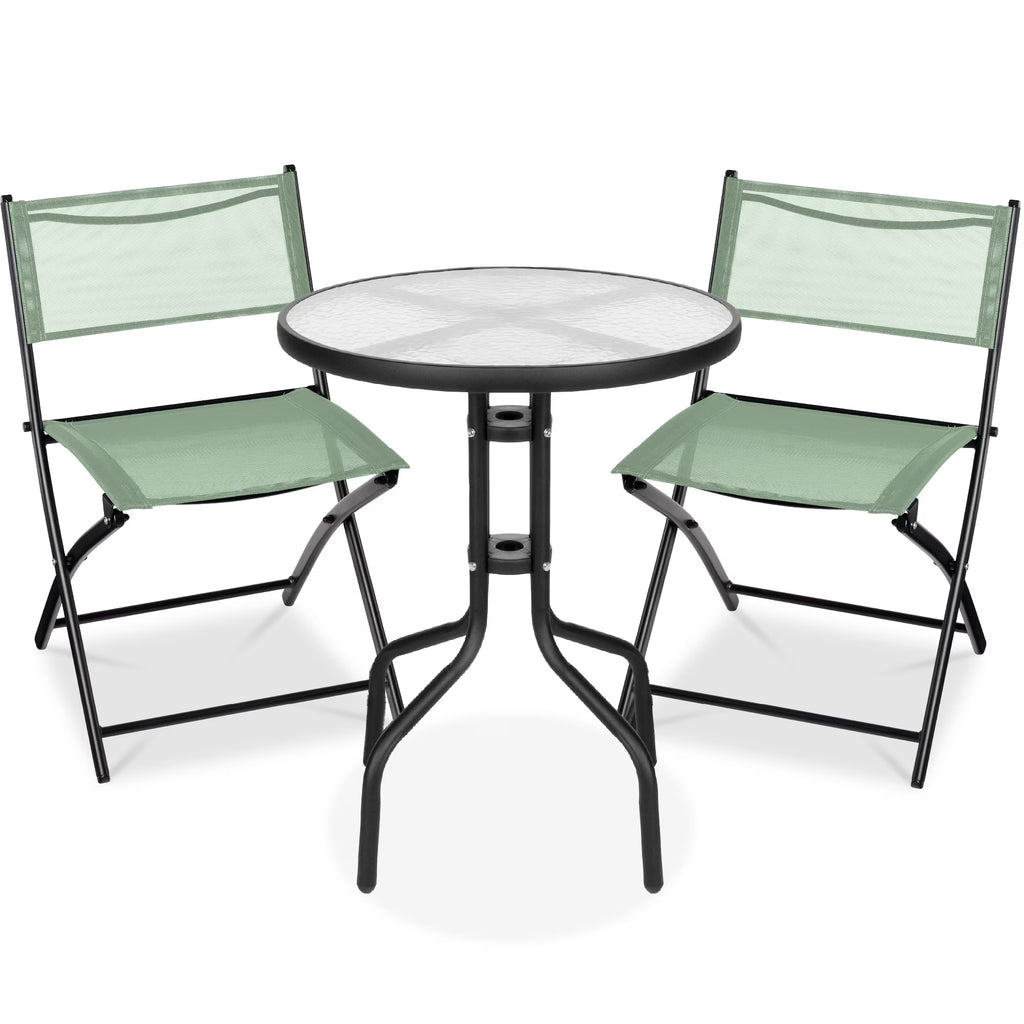 Best Choice Products 3-Piece Patio Bistro Dining Furniture Set w/ Glass Tabletop, Folding Chairs - Gray