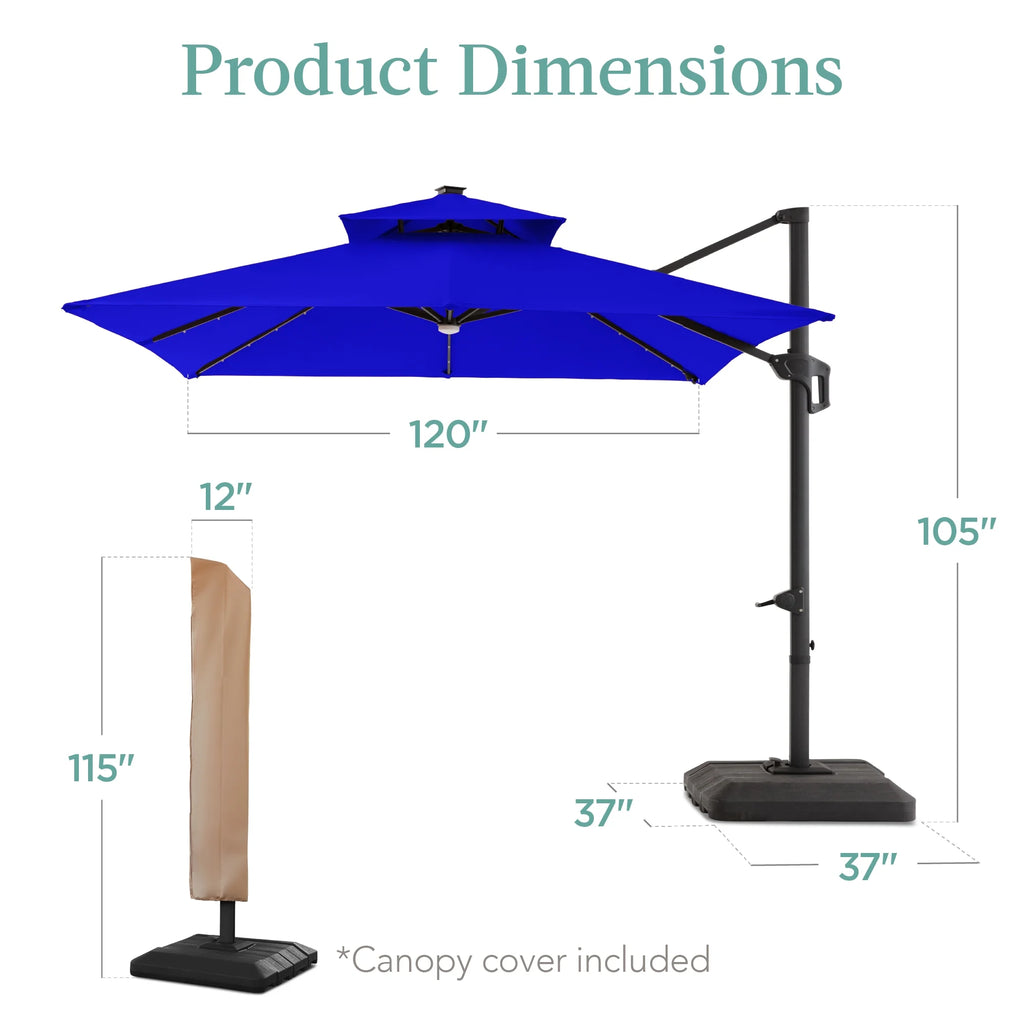 Best Choice Products 10x10ft 2-Tier Square Outdoor Solar LED Cantilever Patio Umbrella w/ Base Included - Tan