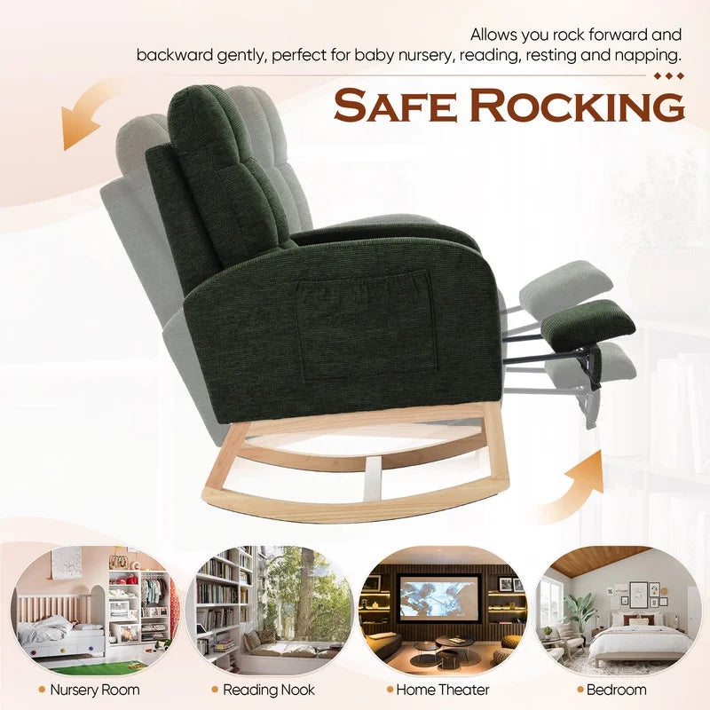 FFH Rocking Chair Nursery, Tufted Accent Rocker Chair, Upholstered Armchair with Adjustable Footrest, Side Pocket, High Backrest, Padded Seat, Polyester Blend (Retro, Dark Gray)