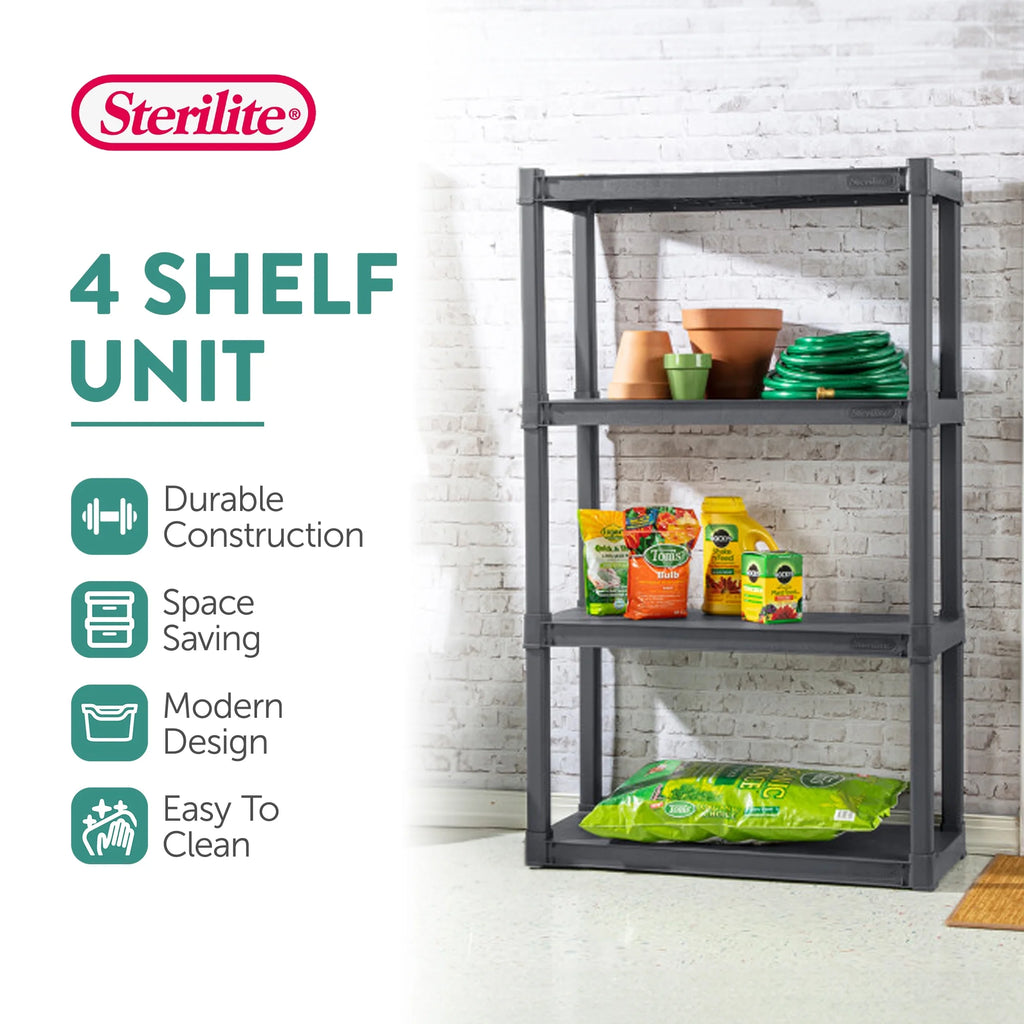 Sterilite Plastic Indoor Outdoor 4 Shelf Durable Shelving Unit, Gray 3 Pack