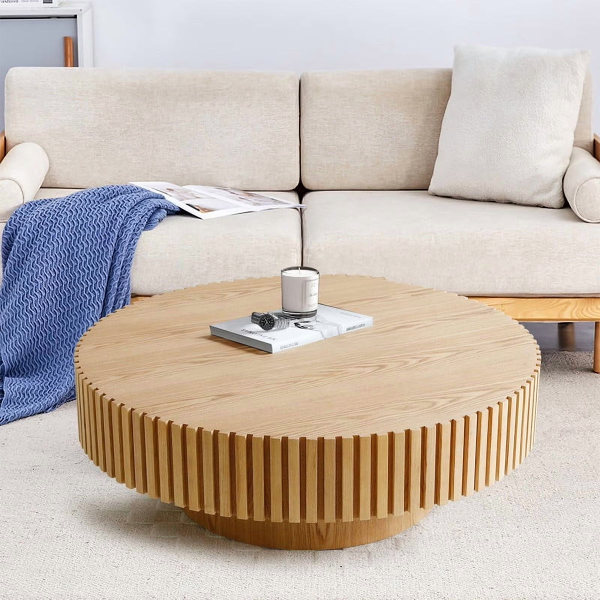 FFH 43.7 inch Oval Coffee Table for Living Room,Handcraft Rustic Corner Coffee Table Nature Wood Relief Sturdy Pedestal for Apartmen,Side Table Centre Table,Nature Wood