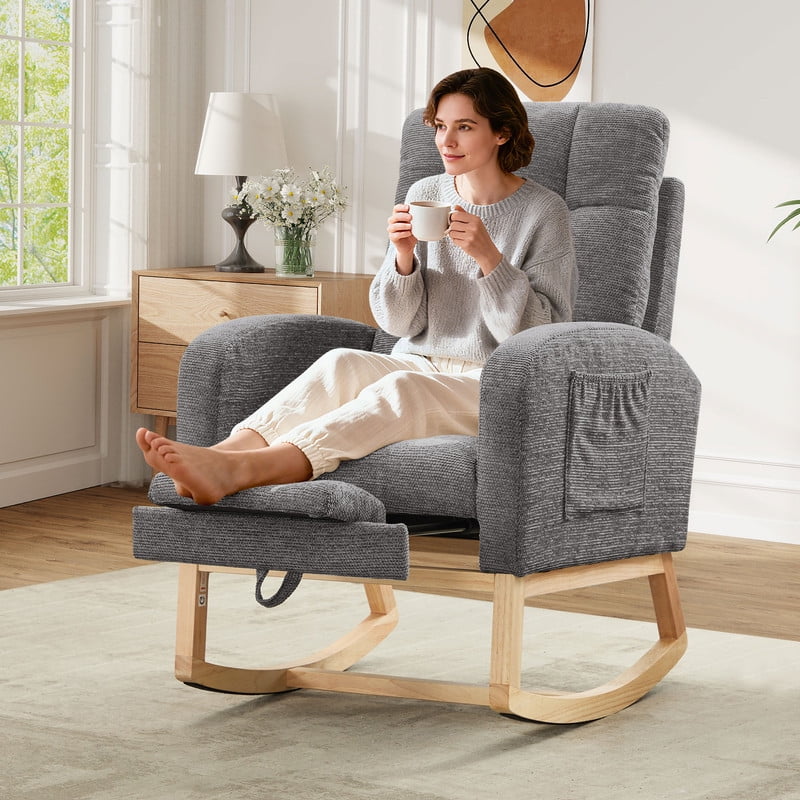 FFH Rocking Chair Nursery, Tufted Accent Rocker Chair, Upholstered Armchair with Adjustable Footrest, Side Pocket, High Backrest, Padded Seat, Polyester Blend (Retro, Dark Gray)