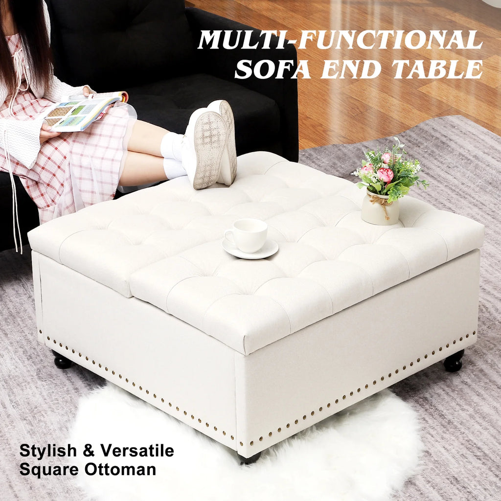 Magic Union 35" Large Square Storage Ottoman, Oversized Square Ottoman with Storage, Tufted Upholstered Ottoman Coffee Table with Lift Top for Living Room (Beige)
