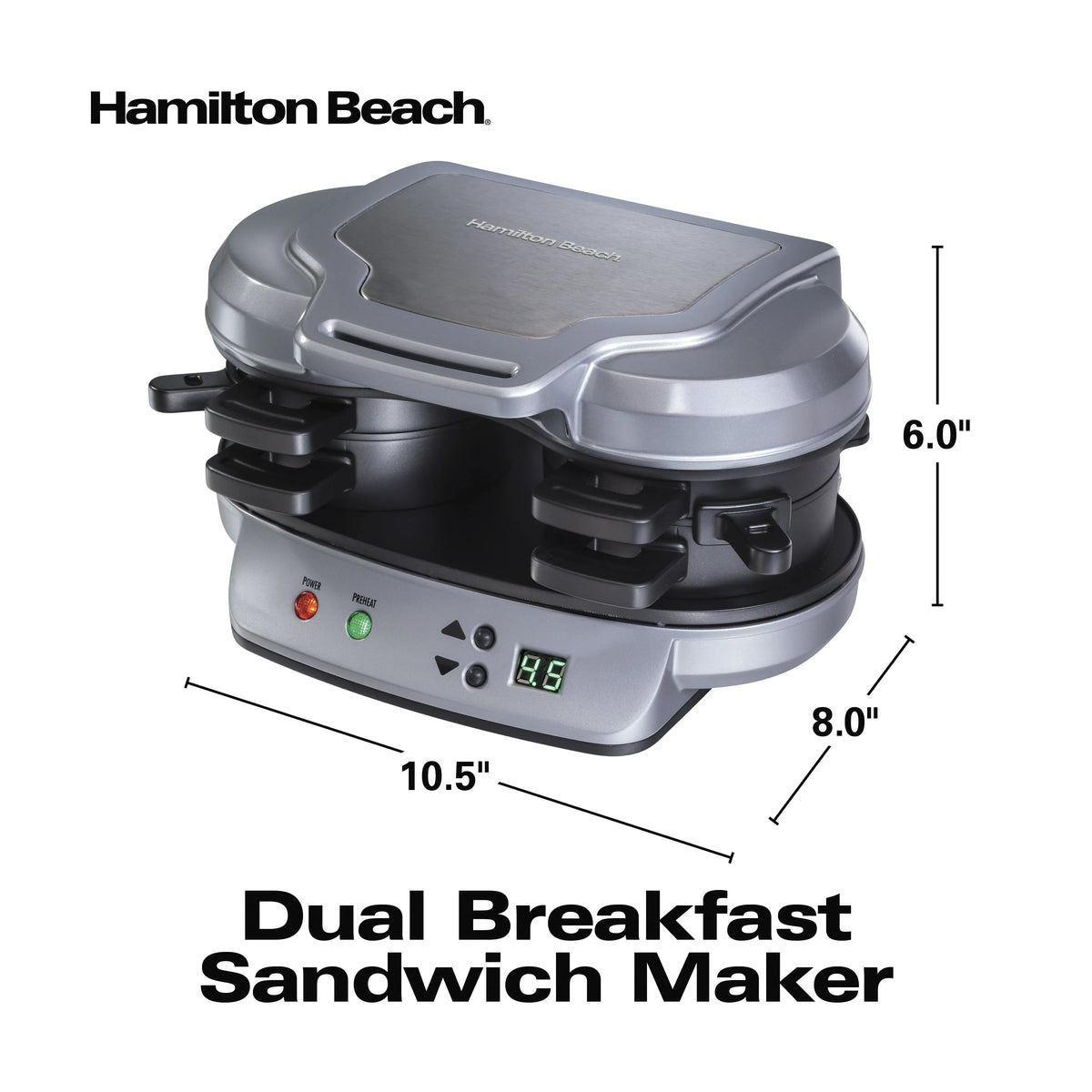 Hamilton Beach Dual Breakfast Sandwich Maker with Timer, 2 Sandwich Capacity, Silver, 25490