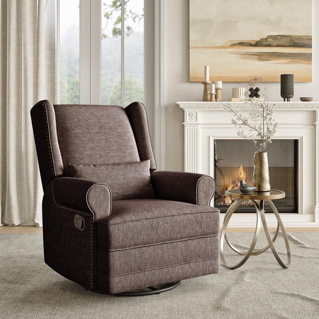 Royalcraft Swivel Nursery Glider Recliner, Comfy Upholstered Glider Chair with Lumbar Pillow and Footrest, Beige