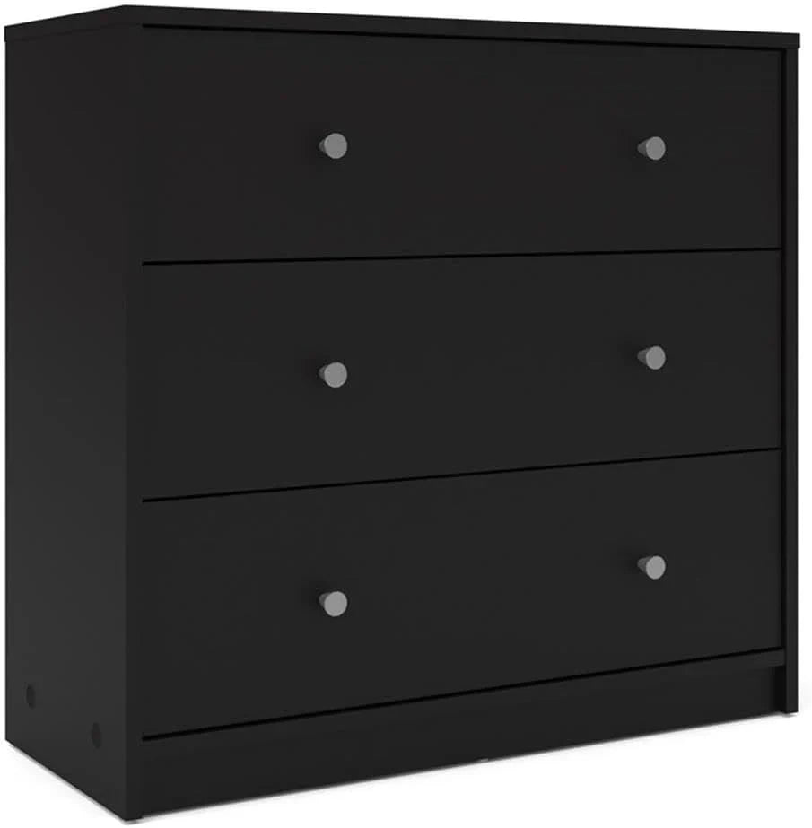 3-Pc Scandinavian Design Engineered Wood Bedroom Furniture Set with 3-Drawer Chest & 6-Drawer Double Dresser & 1-Drawer Nightstand, Pewter Plastic Handles, Smooth Plastic Glides, in Black