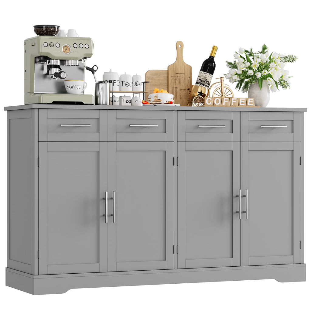 Homfa Farmhouse Buffet Cabinet with 4 Drawers and 4 Doors, 59" W Sideboard Buffet Storage Cabinet with Shelves, for Kitchen Living Room Bedroom, Wash Gray