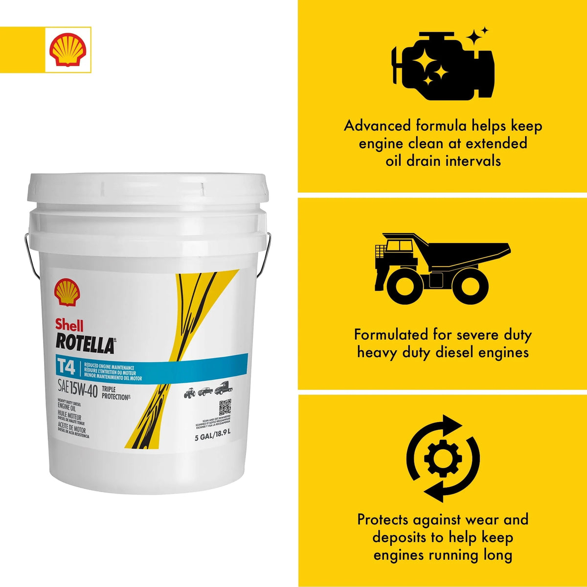 Shell Rotella T4 Triple Protection 15W-40 Diesel Motor Oil, 5 Gallon Pail