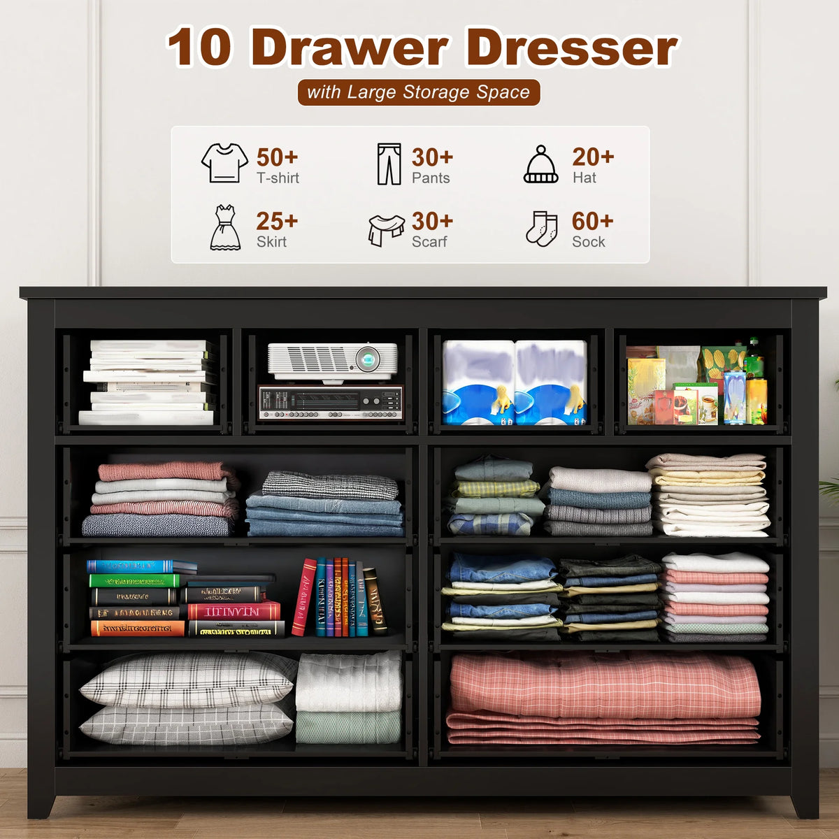 EnHomee White Dresser for Bedroom with 10 Drawers Modern Wood Dressers Chests of Drawers Wide Dresser for Adults