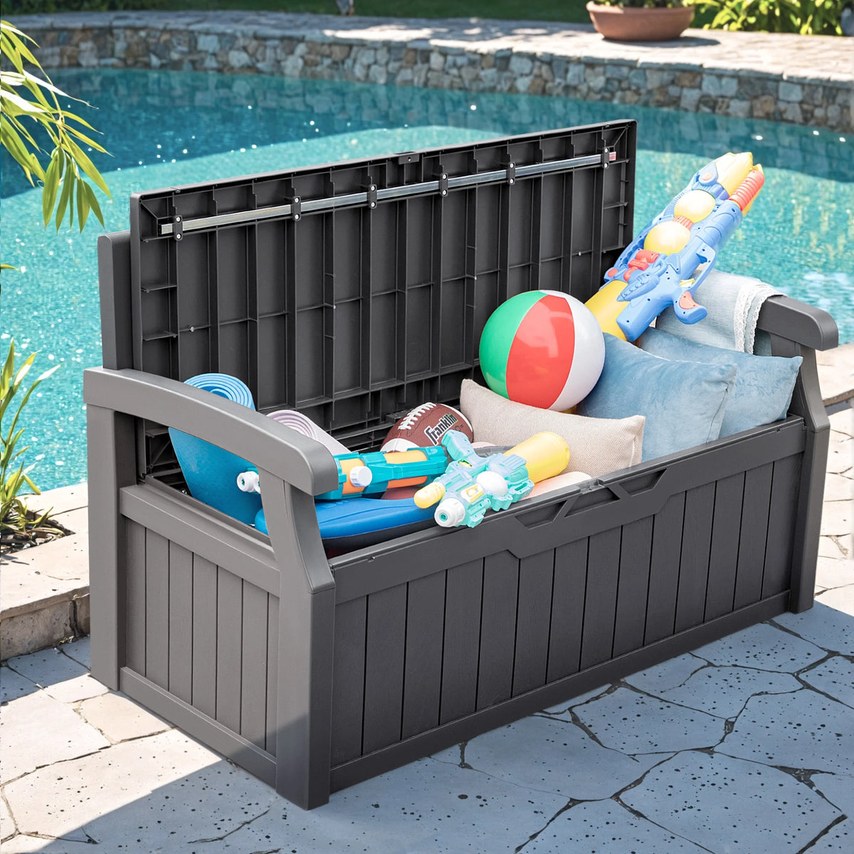 Homall 80 Gallon Plastic Storage Bench Made Of Durable Weatherproof Resin And Deck-Box Organized Storage Compartment For Outdoor Patios And Lawns,Black