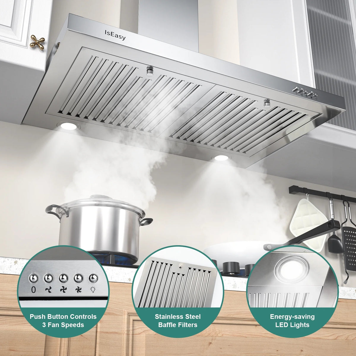Range Hood 30 inch, IsEasy Wall Mount Vent Hood 500 CFM with Ducted Convertible Ductless Kitchen Hood in Stainless Steel, 3 Speed Exhaust Fan, LED Lights