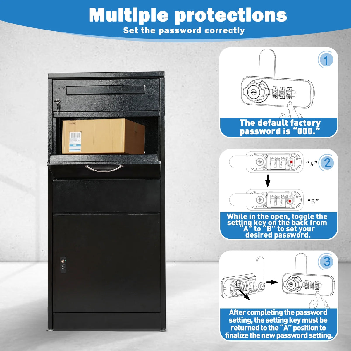 Gaonala Steel Package Delivery Box 19.6x14.4x44.9in Lockable Anti-Theft  Weather-Resistant Extra Large Mailbox For Porch Curbside Black
