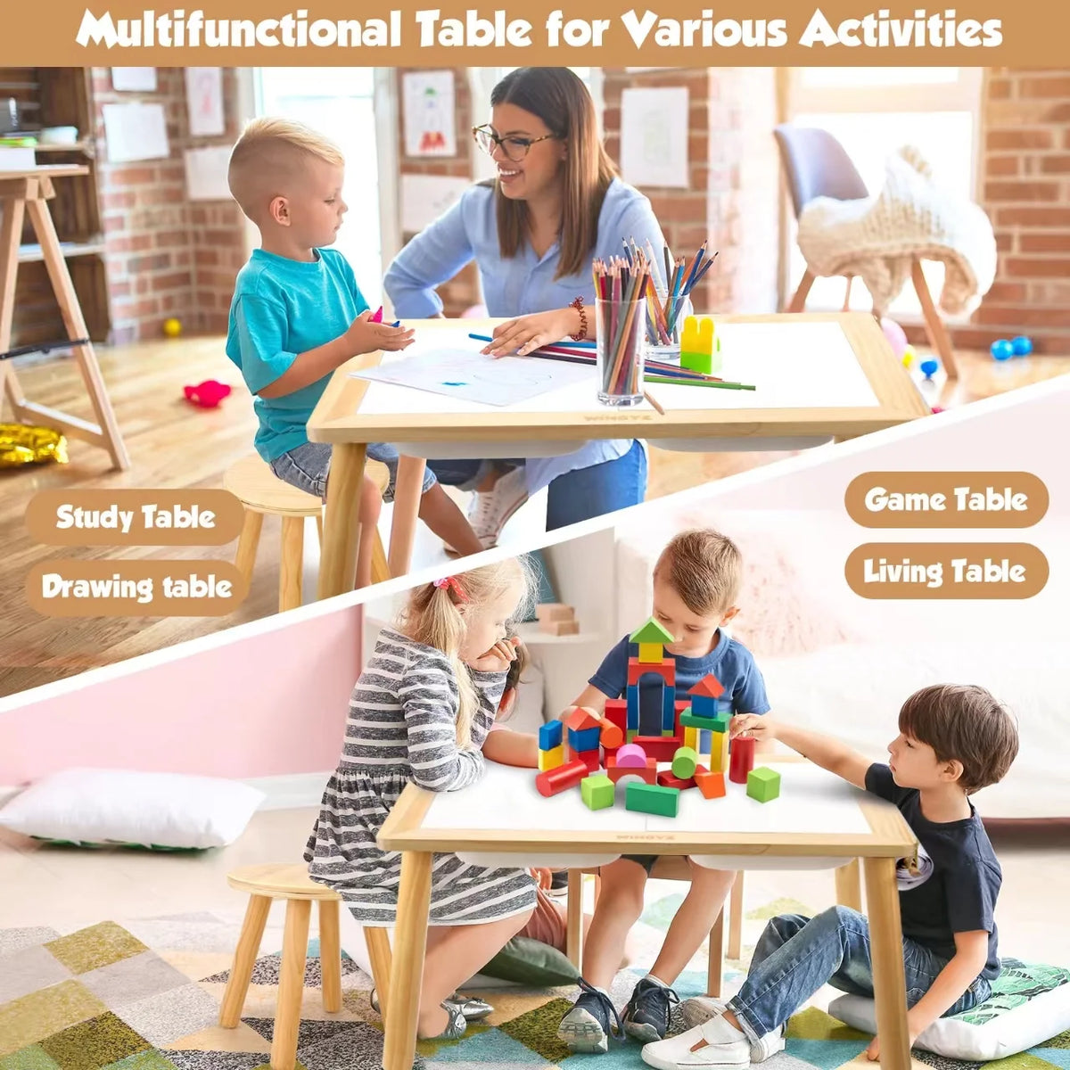 Sweet Time Toddler Sensory Table Chairs, Wood Kids Activity Table with Storage Play Study Furniture