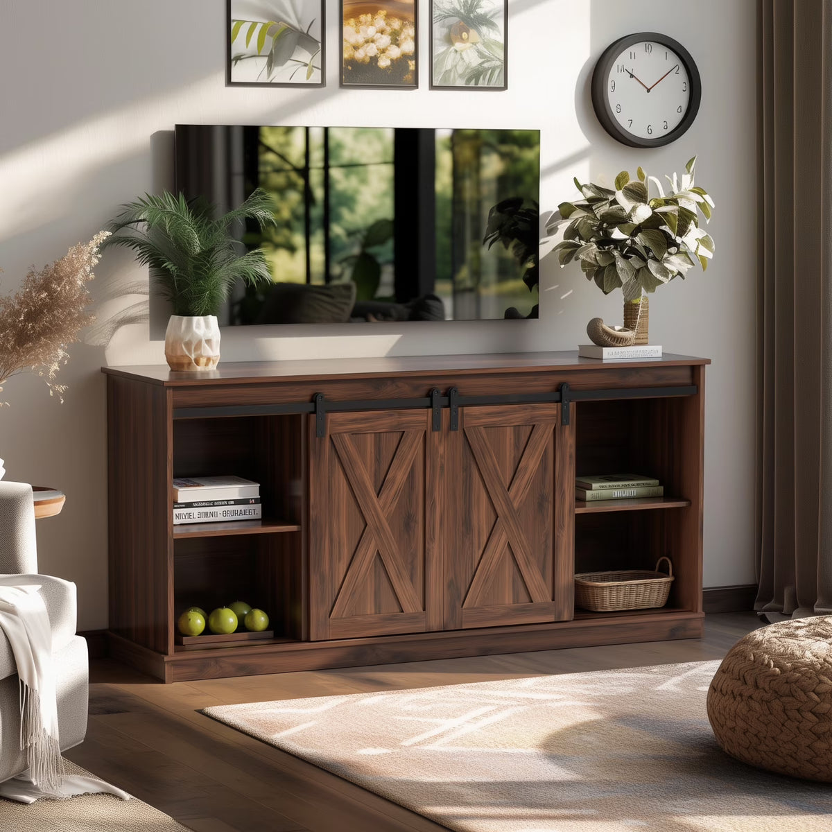 GIANNA TV Stand for Televisions up to 65 Inch, Entertainment Center with Sliding Barn Doors, Storage Cabinets and Media Shelves, Living Room Console Table, White