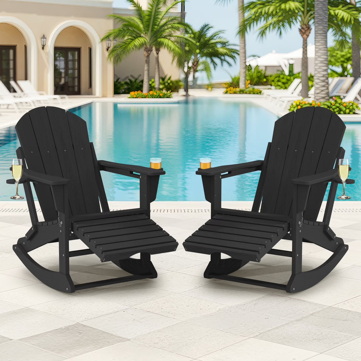 KINGYES Folding Adirondack Rocker Chair Set of 2 W/ Footrest & Dual Cup Holders, HDPE Outdoor Patio Rocking Chair, Black