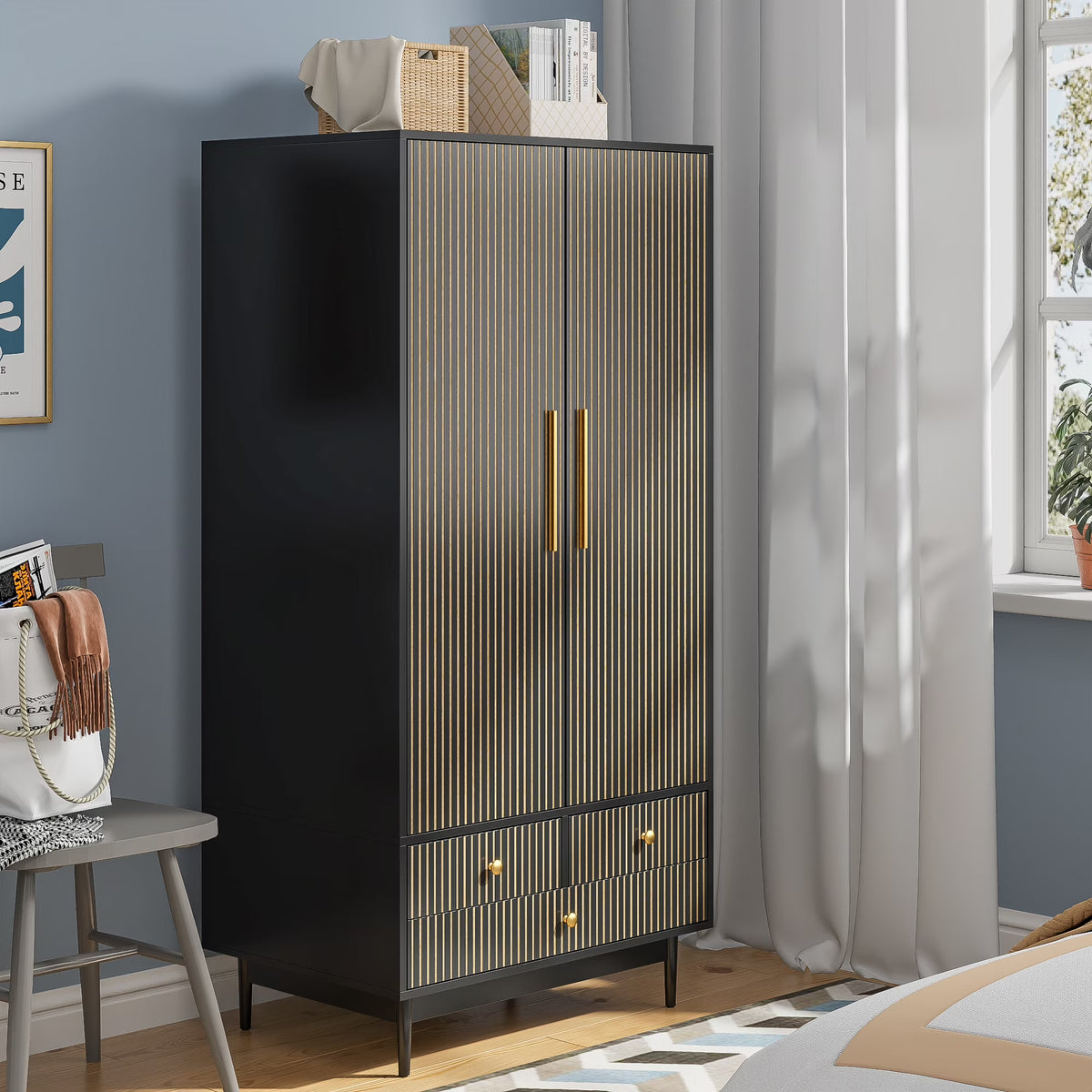 Armoire Wardrobe Closet, Closet Wardrobe Cabinet with Drawers and Hanging Rail for Bedroom, White