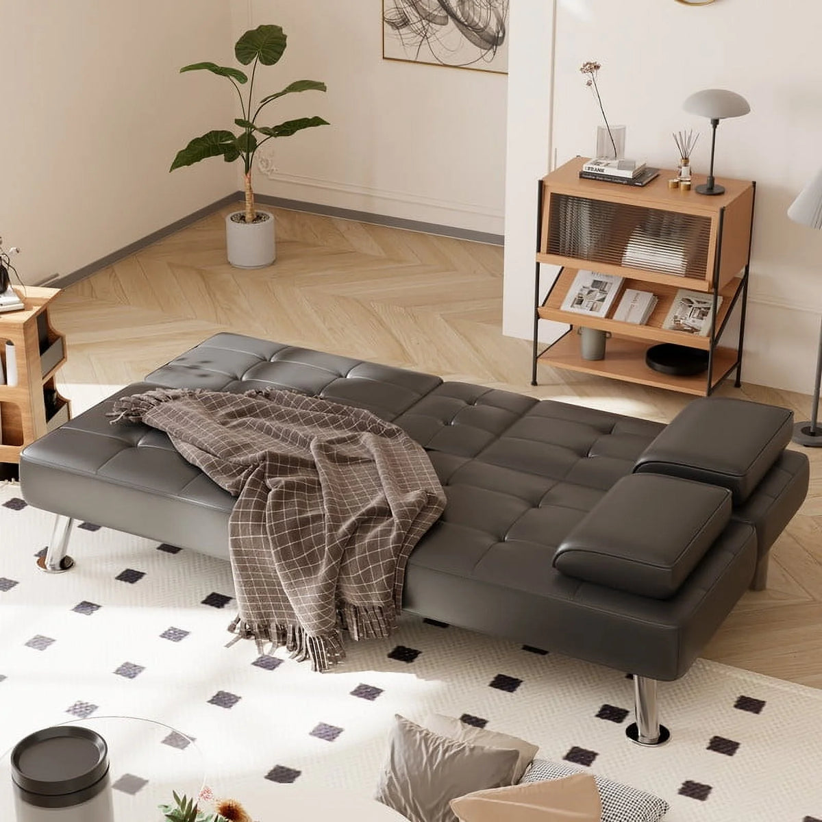Furmax Futon Sofa Bed Convertible Folding Faux Leather Couch with 2 Cup Holders,Black