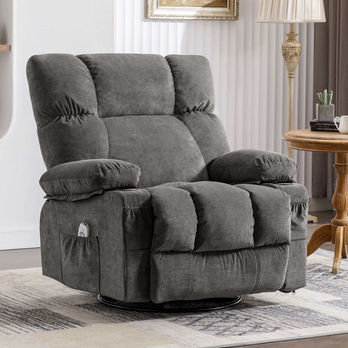 JONPONY Manual Recliner Chair with Heat Therapy and Massage Function, Heavy Duty Reclining Mechanism Massage Chair, Elderly Single Rocker Sofa with Cup Holders for Bedroom Home Theater,Grey
