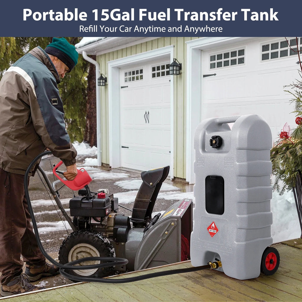 15 Gallon Fuel Caddy, Portable Gas Fuel Tank Container with LE Fluid Transfer Siphon Pump and 10ft. Delivery Hose, Diesel Storage Can On-Wheels for Cars, Lawn Mowers, ATVs, Boats, Gray