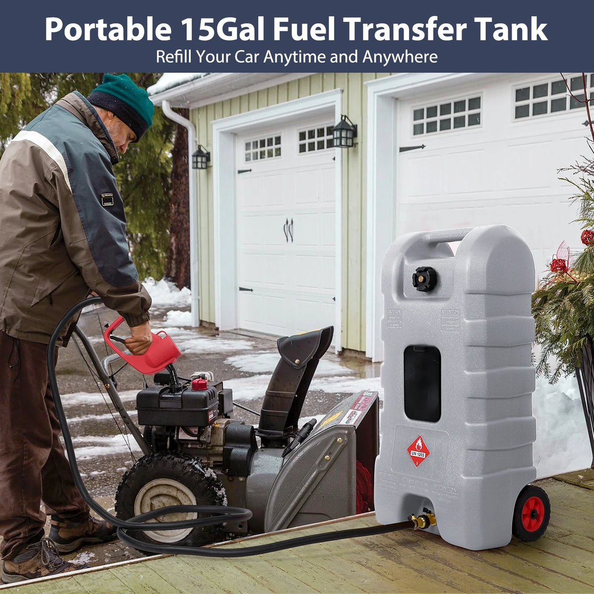 15 Gallon Fuel Caddy, Portable Gas Fuel Tank Container with LE Fluid Transfer Siphon Pump and 10ft. Delivery Hose, Diesel Storage Can On-Wheels for Cars, Lawn Mowers, ATVs, Boats, Gray