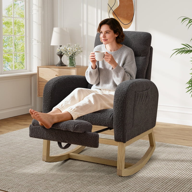 FFH Rocking Chair Nursery, Tufted Accent Rocker Chair, Upholstered Armchair with Adjustable Footrest, Side Pocket, High Backrest, Padded Seat, Polyester Blend (Retro, Dark Gray)