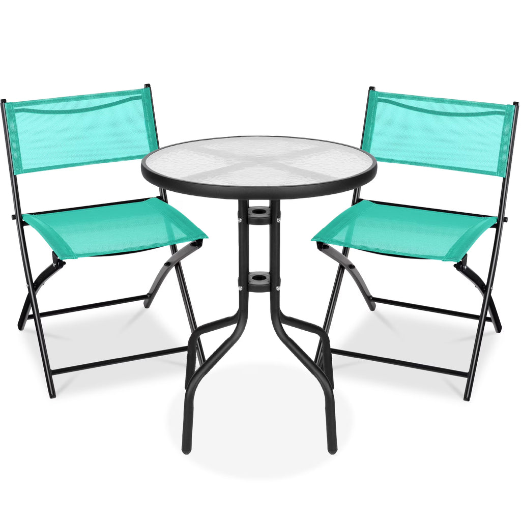 Best Choice Products 3-Piece Patio Bistro Dining Furniture Set w/ Glass Tabletop, Folding Chairs - Gray