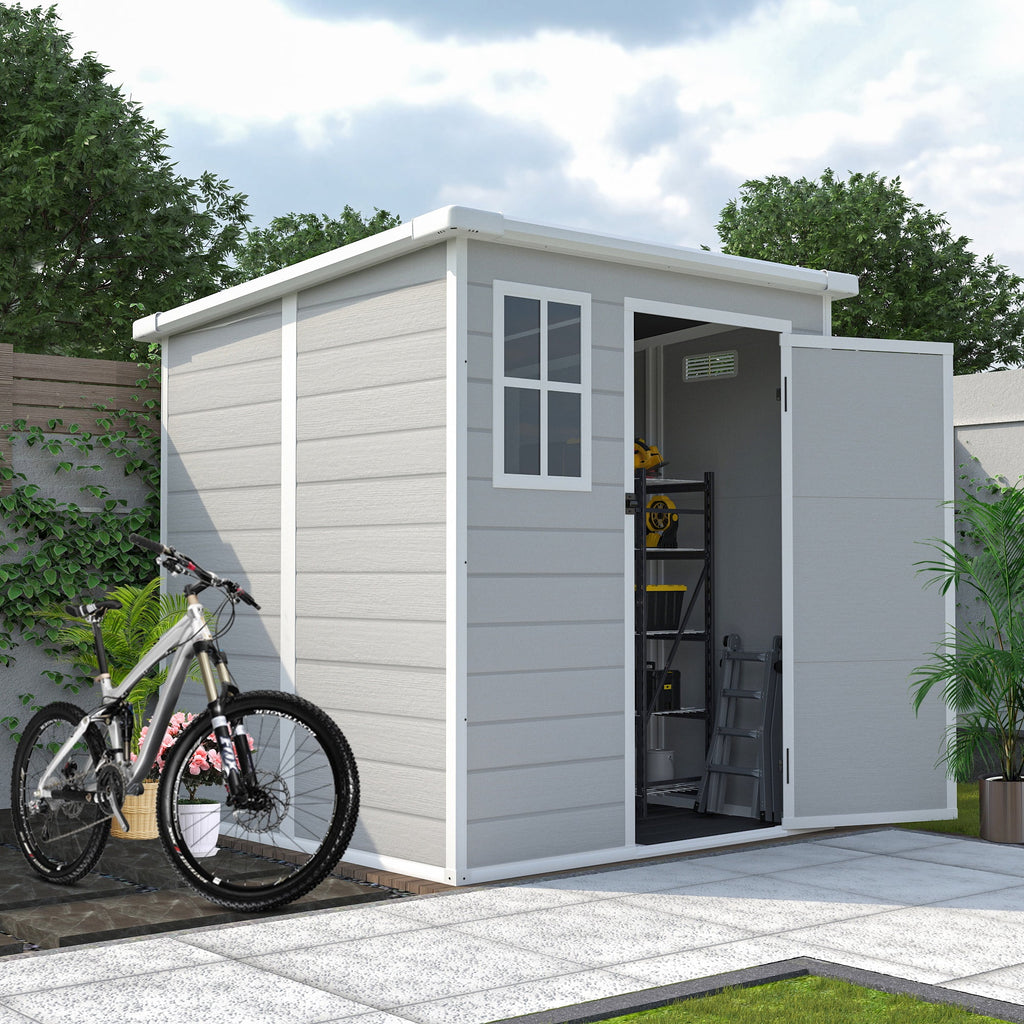 Outdoor Shed & Storage, Seizeen All-Weather Plastic Sheds 82'' H, Sloped Top Garden Shed with Window, Heavy-Duty Resin Outdoor Storage W/Floor, Gray