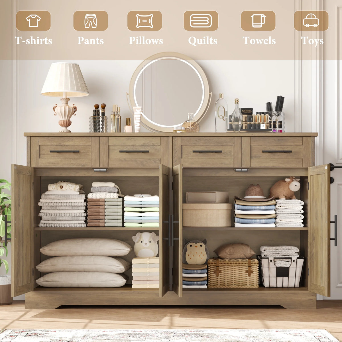 Homfa Farmhouse Buffet Cabinet with 4 Drawers and 4 Doors, 59" W Sideboard Buffet Storage Cabinet with Shelves, for Kitchen Living Room Bedroom, Wash Gray