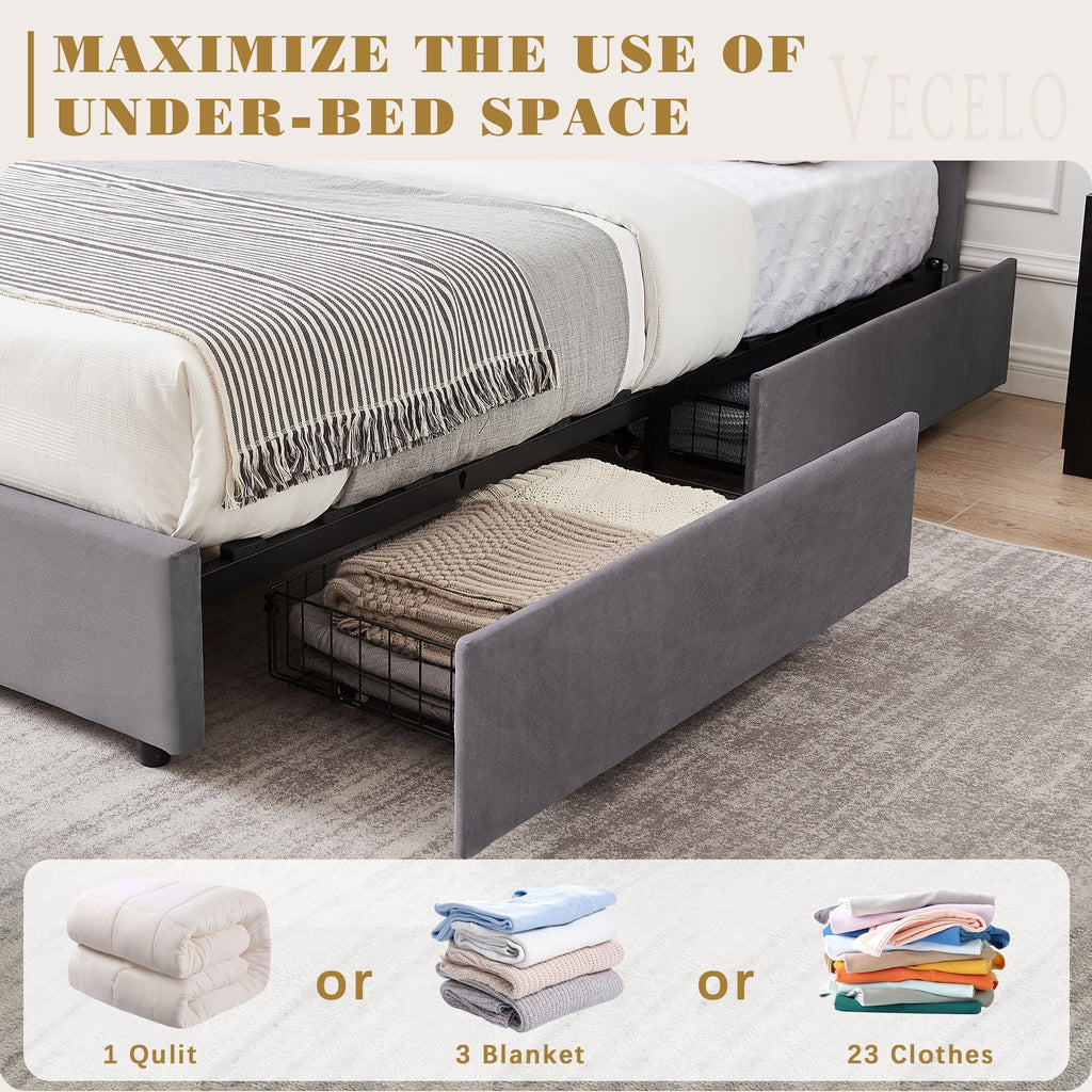 VECELO Full Bed Frame with 4 Storage Drawers (Wheeled) and Tufted Upholstered Adjustable Headboard Platform Bed, Beige