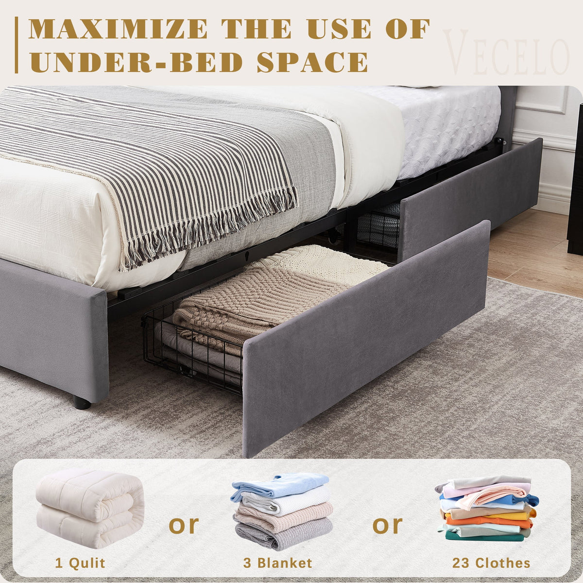 VECELO Full Bed Frame with 4 Storage Drawers (Wheeled) and Tufted Upholstered Adjustable Headboard Platform Bed, Beige