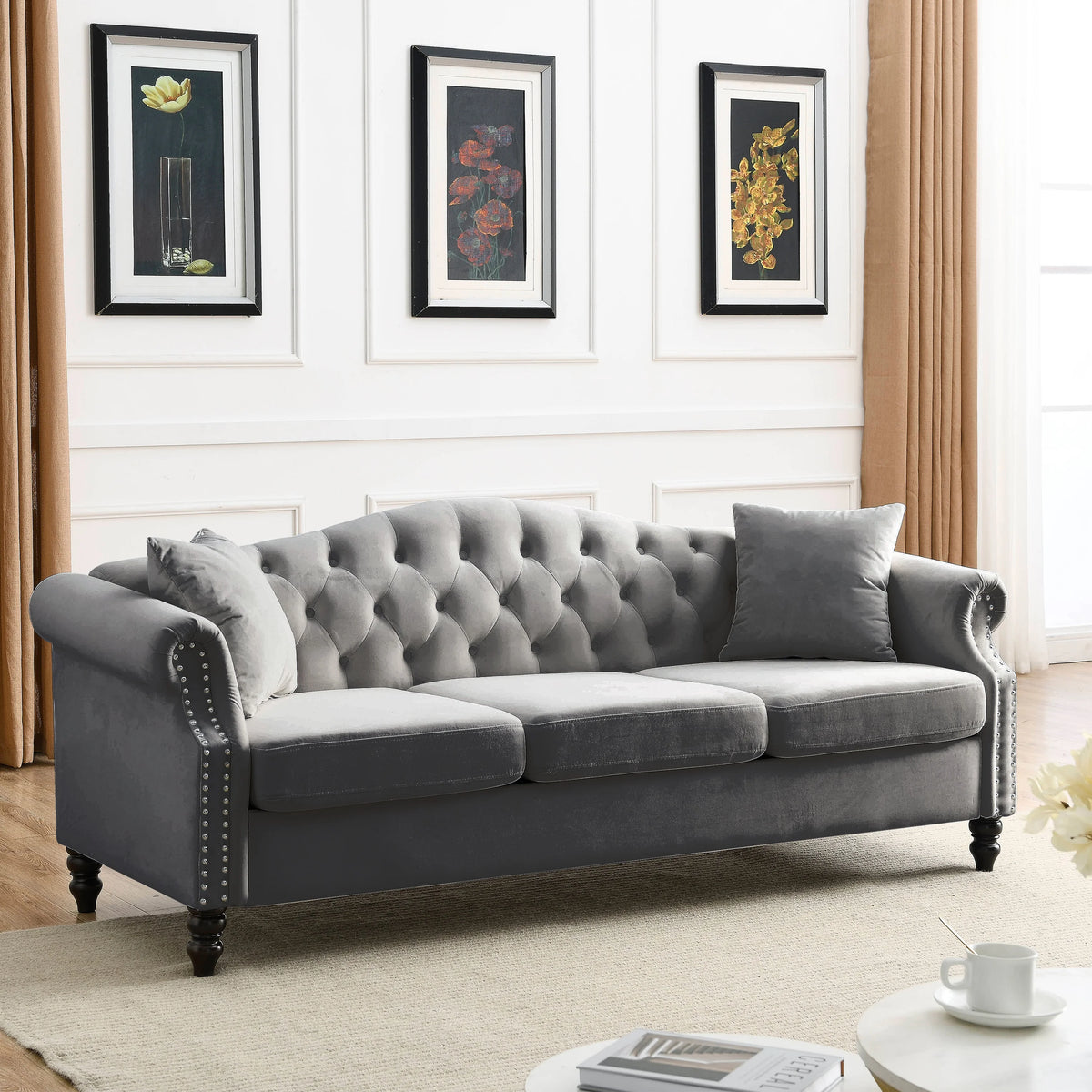 Chesterfield Upholstered Velvet Sofa, 3 Seater Button Tufted Couch with Nailhead Arms for Living Room Bedroom Office Apartment