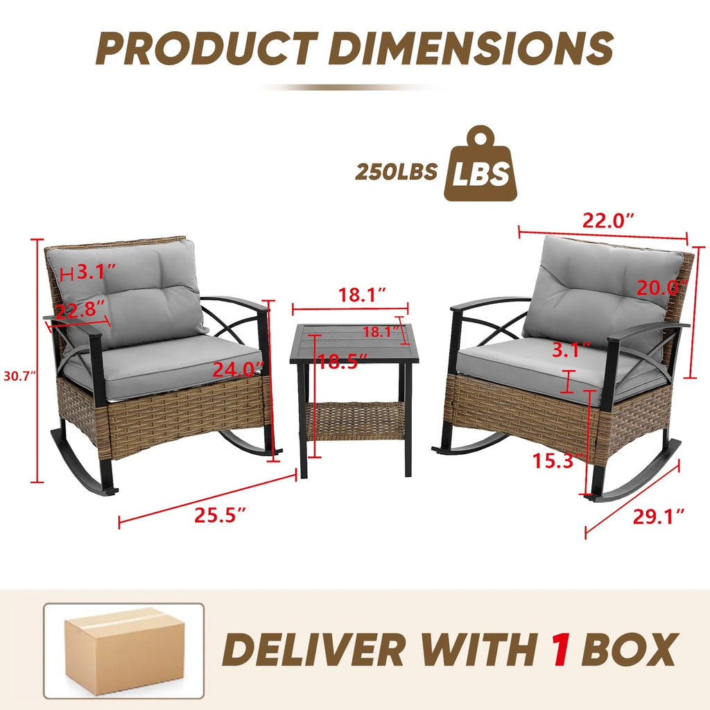 3 Pieces Patio Outdoor Conversation Set, Patio Furniture Bistro Set with 2-Tier Coffee Table, PE Wicker Rocking Chairs with Blue Cushions for for Backyard Porch Poolside