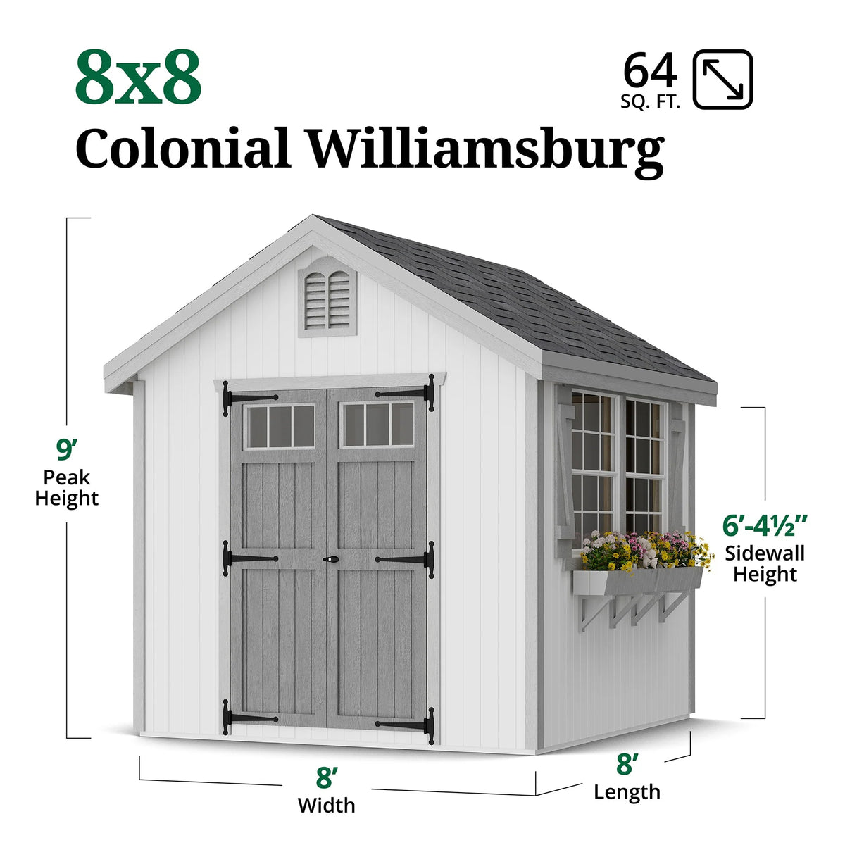 Little Cottage Co. 8x8 Colonial Williamsburg Shed with Operable Windows, Outdoor Wood Storage Do-It-Yourself Precut Kit
