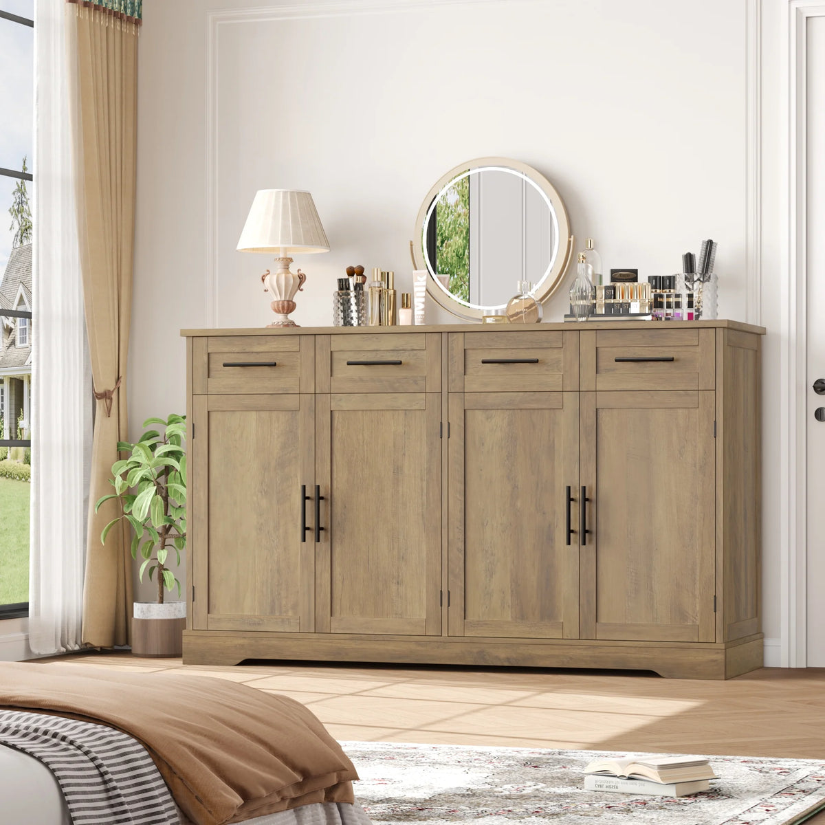 Homfa Farmhouse Buffet Cabinet with 4 Drawers and 4 Doors, 59" W Sideboard Buffet Storage Cabinet with Shelves, for Kitchen Living Room Bedroom, Wash Gray