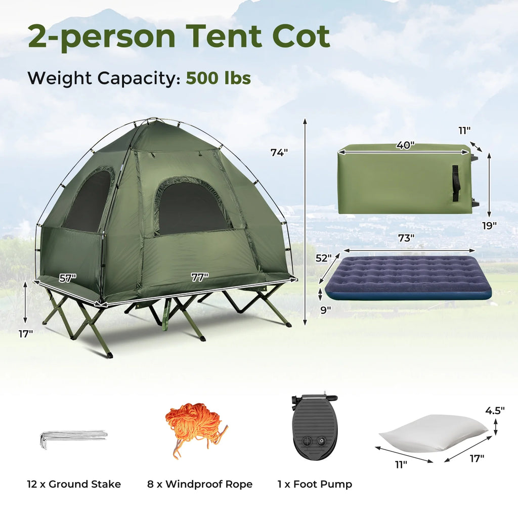 Patiojoy Folding 2-Person Camping Tent Cot Portable Pop-Up Tent with Sleeping Bag&Air Mattress for Outdoor Activity