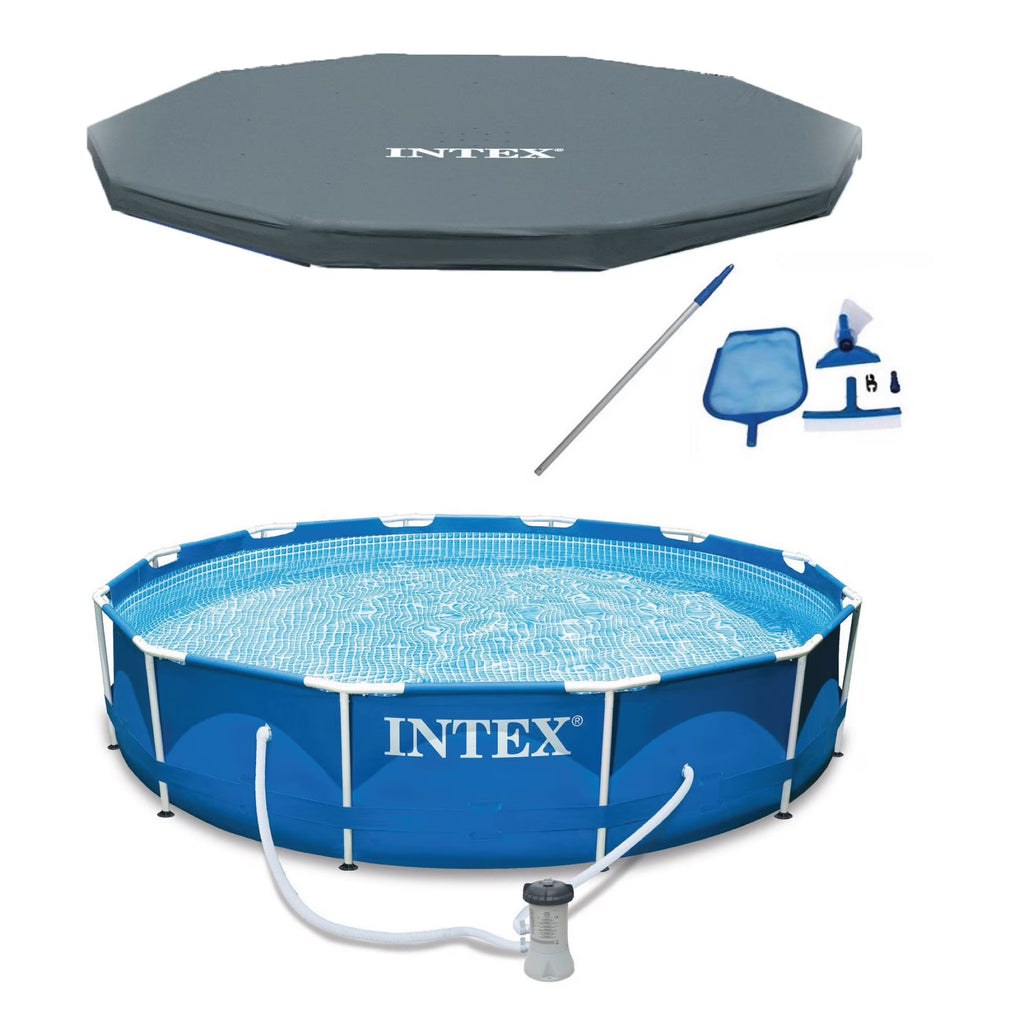 Intex 12 Ft x 30 Inches Metal Frame Set Above Ground Swimming Pool with Filter & Cover