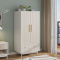 Armoire Wardrobe Closet with 2 Doors, Wardrobe Cabinet with Hanging Rod and Drawers, Wooden Closet for Bedroom, White