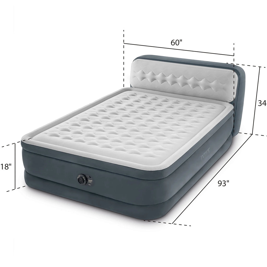 Intex: Dura-Beam Deluxe: Ultra Plush Headboard Airbed - Queen - Gray, 18" Inflatable Mattress, Built-In Pump, Fiber-Tech, Carry Bag, 600lb Cap 64447ED