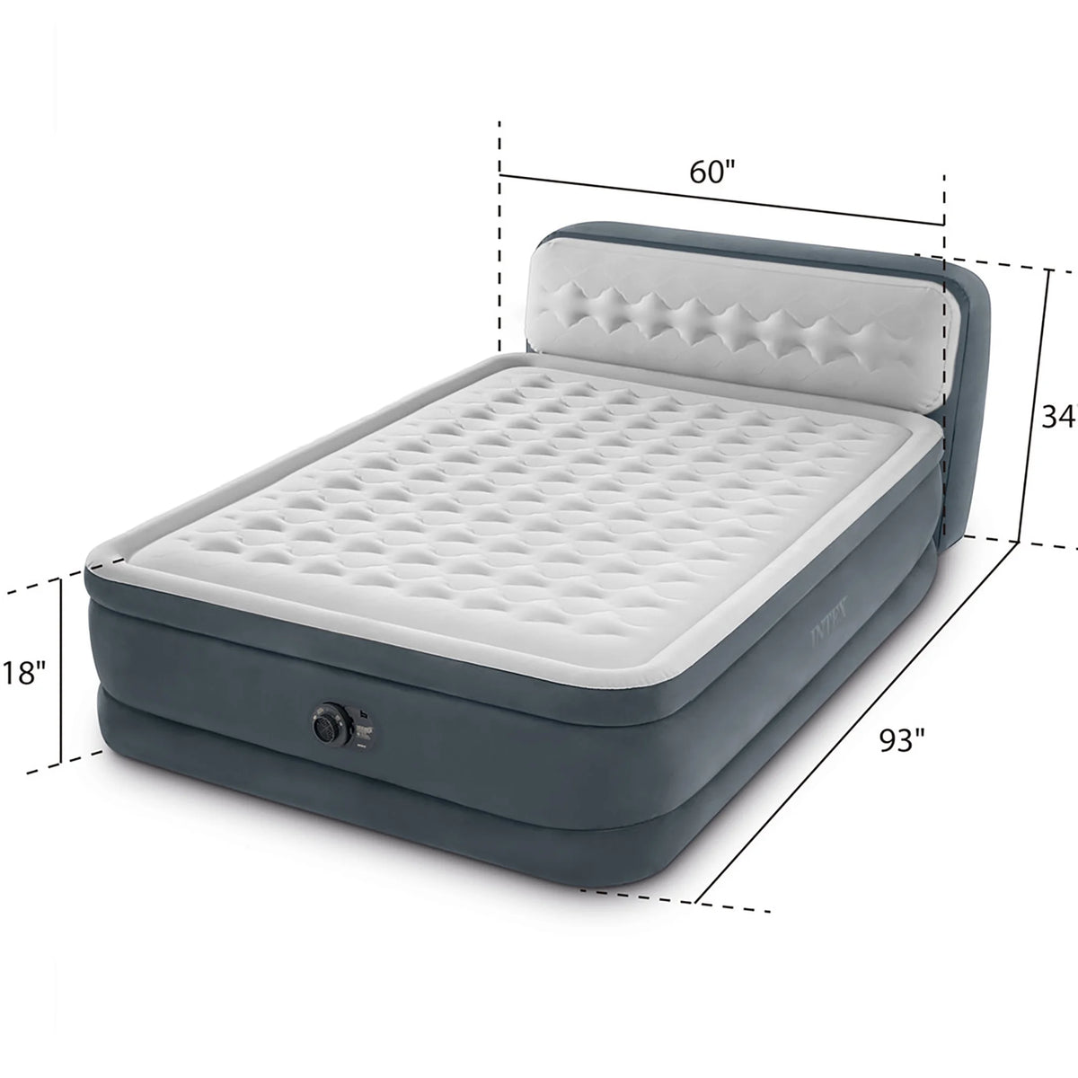 Intex: Dura-Beam Deluxe: Ultra Plush Headboard Airbed - Queen - Gray, 18" Inflatable Mattress, Built-In Pump, Fiber-Tech, Carry Bag, 600lb Cap 64447ED
