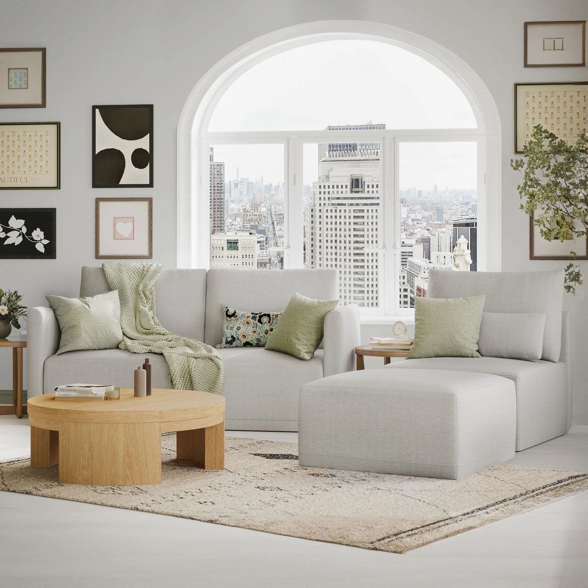 Beautiful Drew Modular Sectional Sofa with Ottoman by Drew Barrymore, Gray Fabric