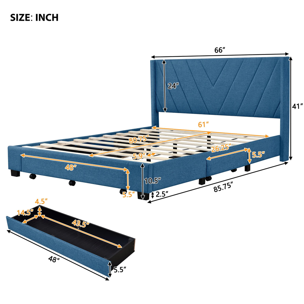 Sesslife Queen Bed Frame with Storage, New Upgraded Linen Upholstered Platform Bed with 3 Drawers, Queen Size Storage Bed with Headboard and Wooden Slats, No Box Spring Needed, Holds 500lbs, Beige