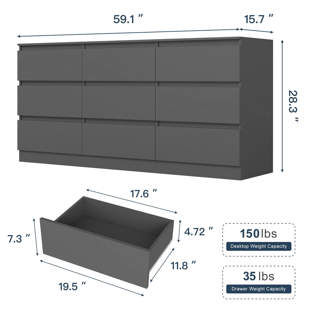 Resenkos Modern Mid Century 6 Drawer Wide Dressers Chests for Bedroom, Chest of Drawer Organizer Grey