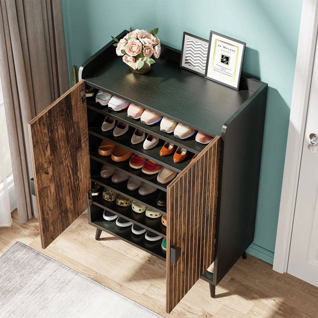 Tribesigns Shoe Cabinet with Doors, 7-Tier Shoe Storage Cabinet with Adjustable Shelves, Wood Grain Shoes Rack Shoe Organizer