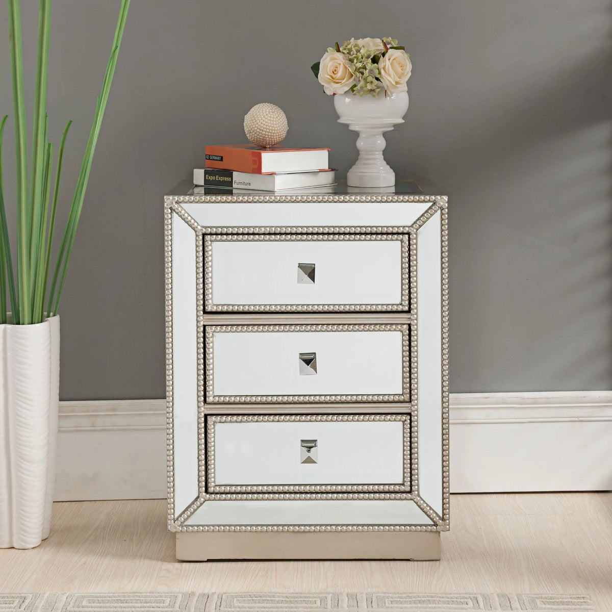 Coast to Coast Accents Modern Antique Silver Mirrored Rectangular Accent Table 20" x 15" with 3-Drawer for Living Room Bedroom
