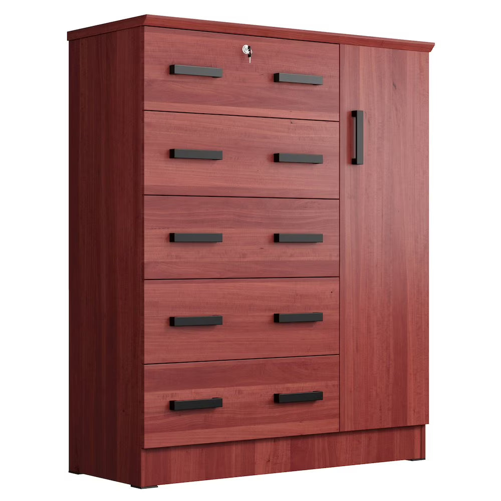 Better Home Products JCF Sofie 5 Drawer Wooden Tall Chest Wardrobe in Mahogany