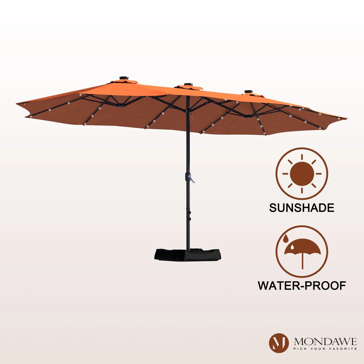 Mondawe 15ft Patio Umbrella Rectangular Outdoor Market Umbrella with Base and LED Lights Beige